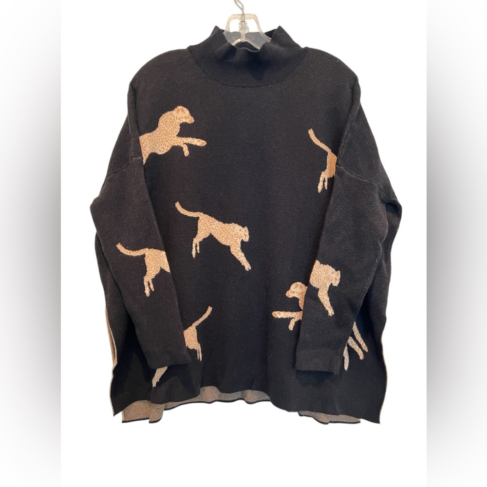 Entro Black Oversized Sweater Leopards Jumping Mock Neck Boxy Size S Runs Big